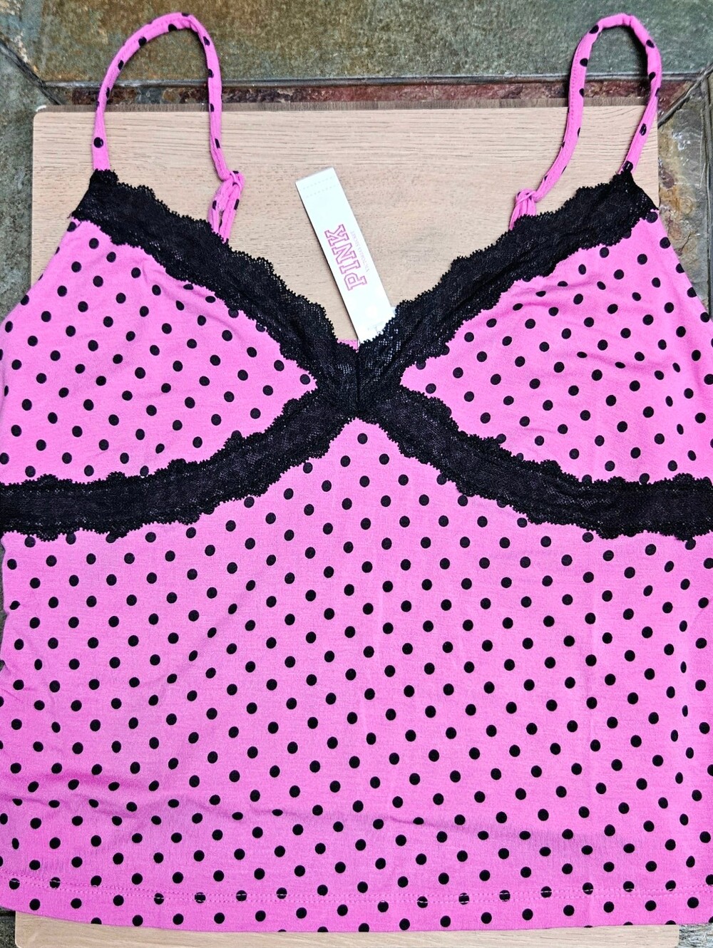 PINK by Victoria's Secret 24/7 Lounge Modal Lace Trim Cami NEW SMALL Polka Dot